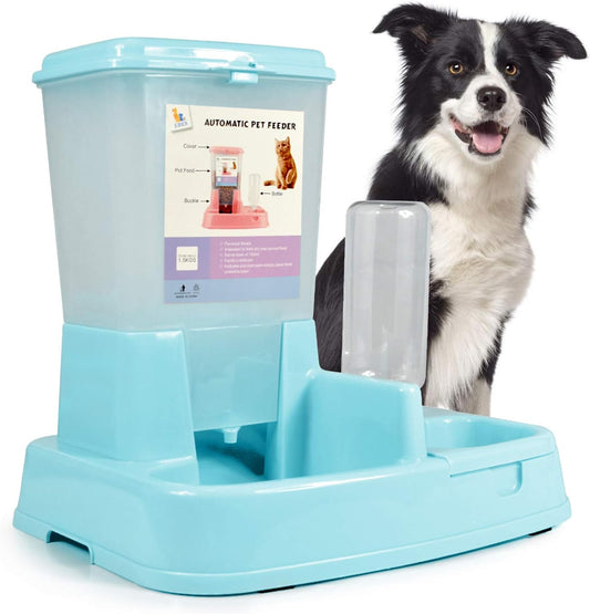 2-In-1 Pet Automatic Feeder Dog Food Water Dispensers with Large Capacity Food Container Gravity Water Bottle (Blue)